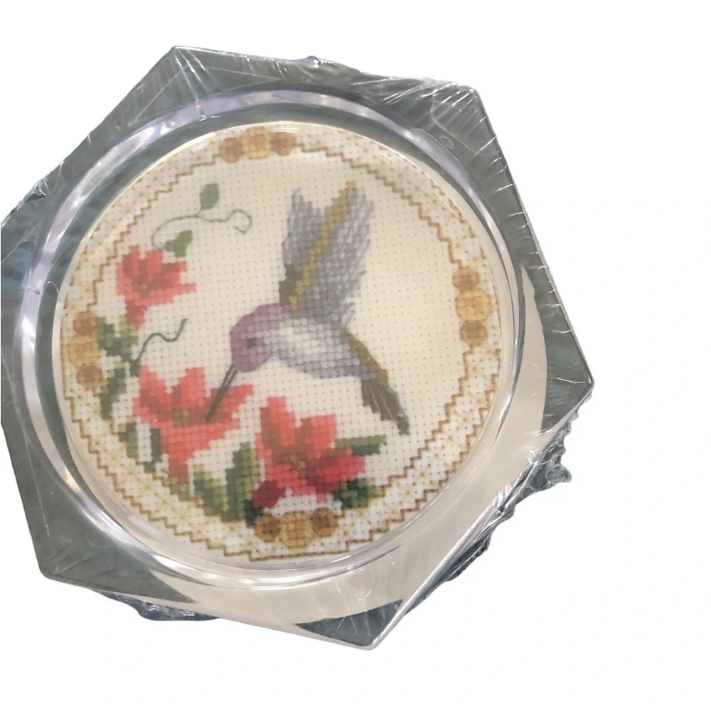 Set 4 Hummingbird Coasters New Cross Stitch Look Floral Summer Acrylic Cork Base
